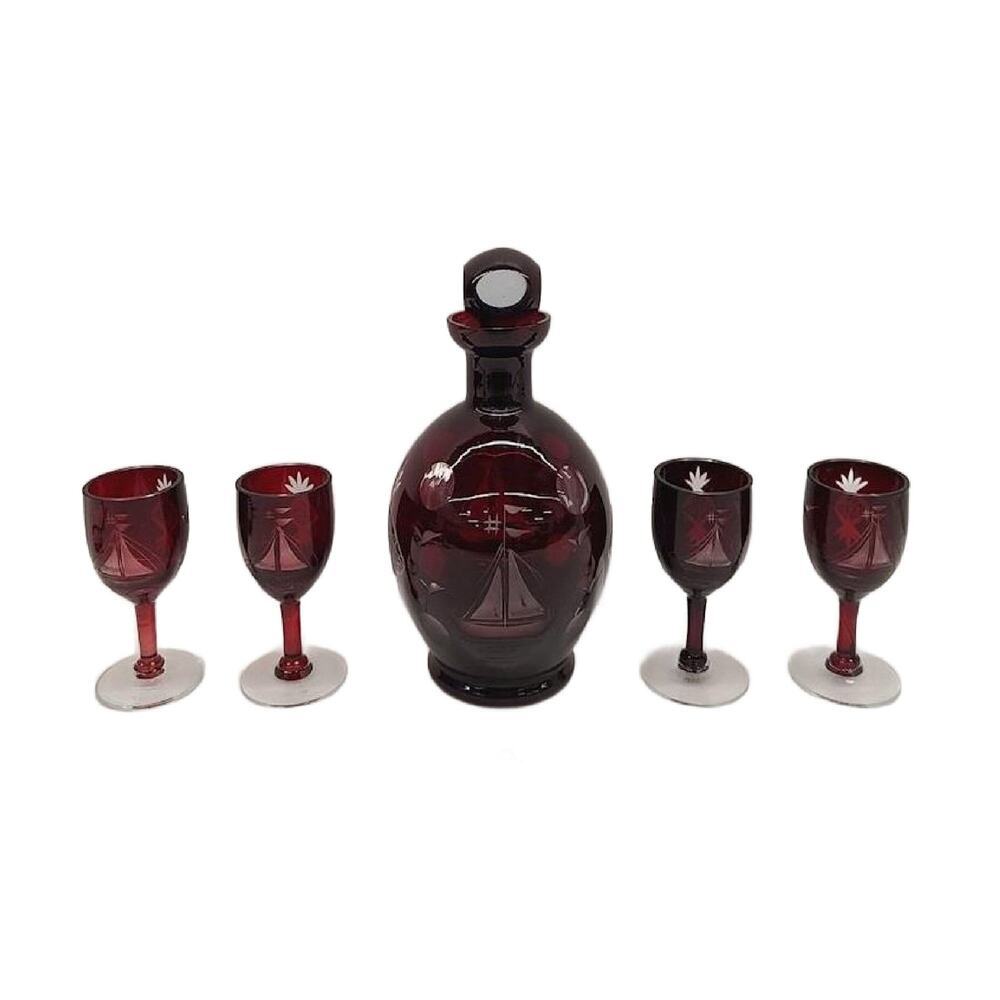 Mid Century Bohemia Cut to Clear Ruby Red Stemmed Cordial Decanter Set